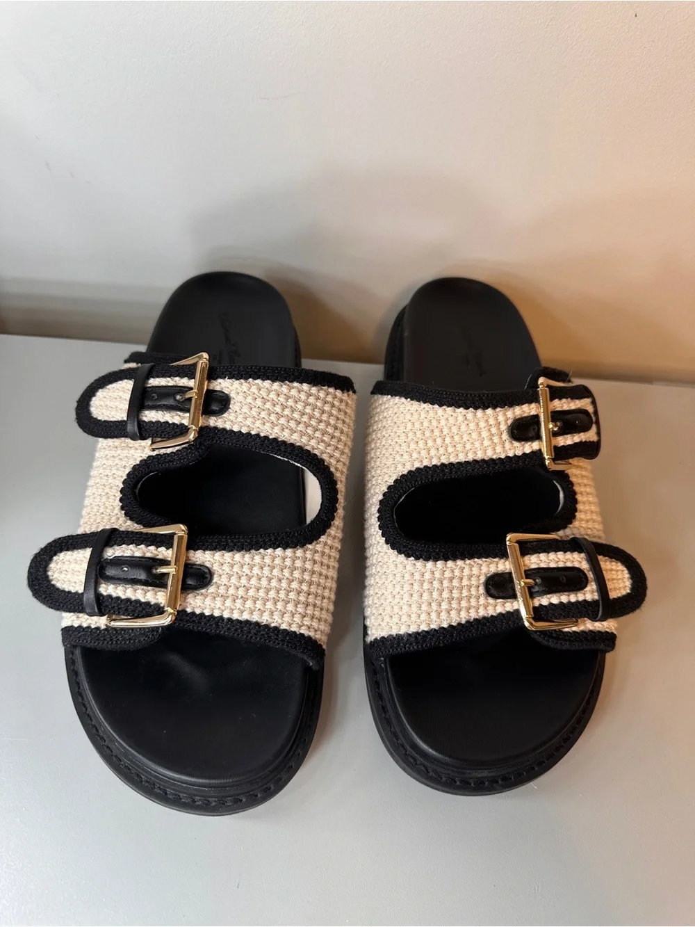 Universal Thread Black and Cream Double-Buckle Knit Slide Sandals